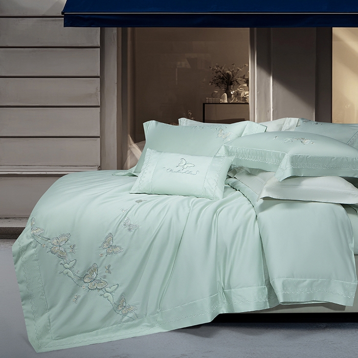 91家纺网 家纺一手货源 找家纺 诗黛尔 2026春夏新款全棉纯棉长绒棉刺绣四件套-蝶恋花 蝶恋花-清新绿