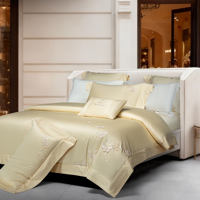 91家纺网 家纺一手货源 找家纺 诗黛尔 2026春夏新款全棉纯棉长绒棉刺绣四件套-蝶恋花 蝶恋花-奶昔黄