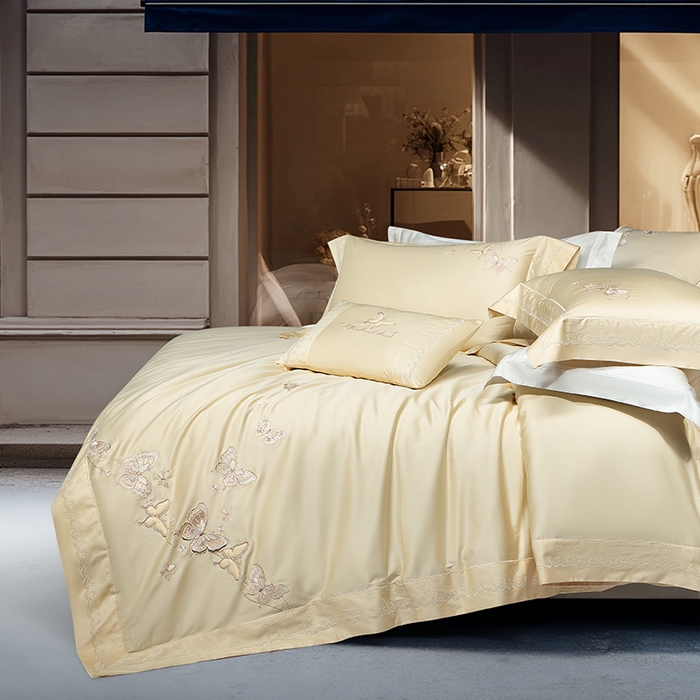 91家纺网 家纺一手货源 找家纺 诗黛尔 2026春夏新款全棉纯棉长绒棉刺绣四件套-蝶恋花 蝶恋花-奶昔黄