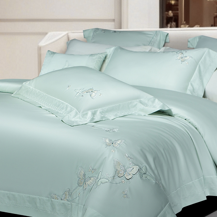 91家纺网 家纺一手货源 找家纺 诗黛尔 2026春夏新款全棉纯棉长绒棉刺绣四件套-蝶恋花 蝶恋花-清新绿