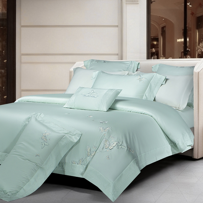 91家纺网 家纺一手货源 找家纺 诗黛尔 2026春夏新款全棉纯棉长绒棉刺绣四件套-蝶恋花 蝶恋花-清新绿