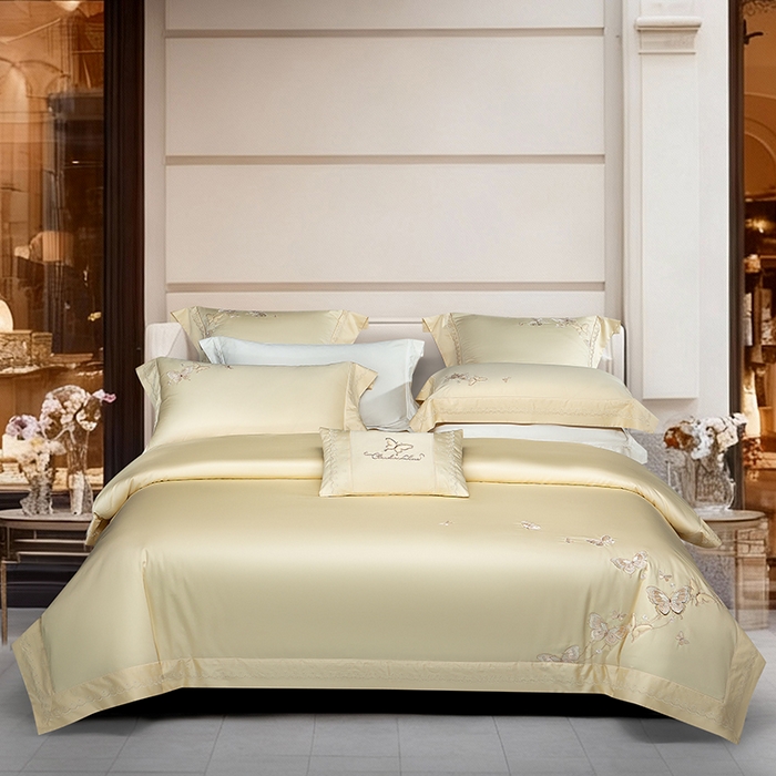 诗黛尔 2026春夏新款全棉纯棉长绒棉刺绣四件套-蝶恋花 蝶恋花-奶昔黄