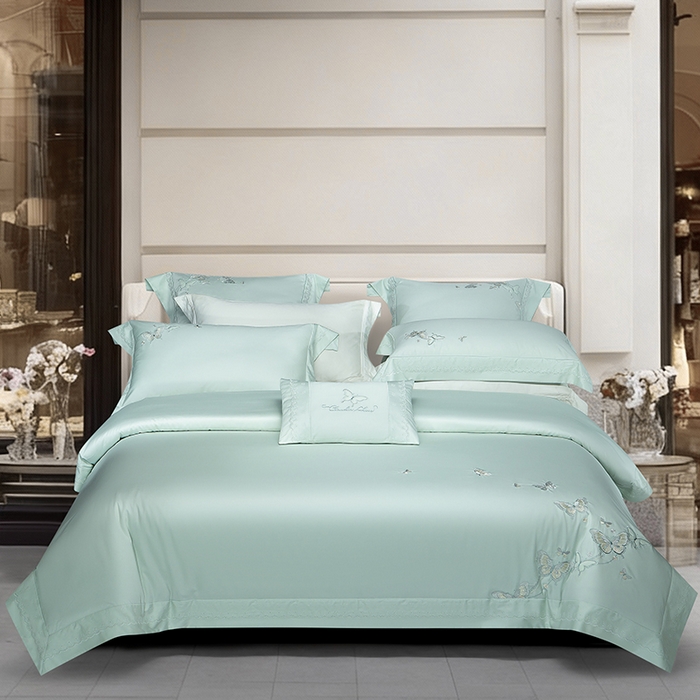 诗黛尔 2026春夏新款全棉纯棉长绒棉刺绣四件套-蝶恋花 蝶恋花-清新绿