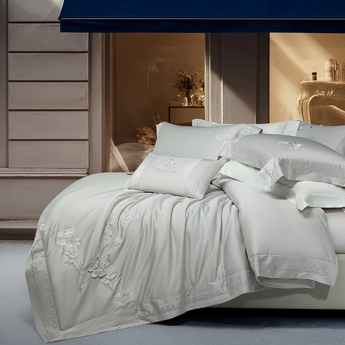 91家纺网 家纺一手货源 找家纺 诗黛尔 2026春夏新款全棉纯棉长绒棉刺绣四件套-蝶恋花 蝶恋花-绅士灰