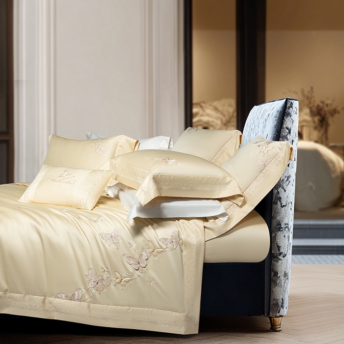 91家纺网 家纺一手货源 找家纺 诗黛尔 2026春夏新款全棉纯棉长绒棉刺绣四件套-蝶恋花 蝶恋花-奶昔黄