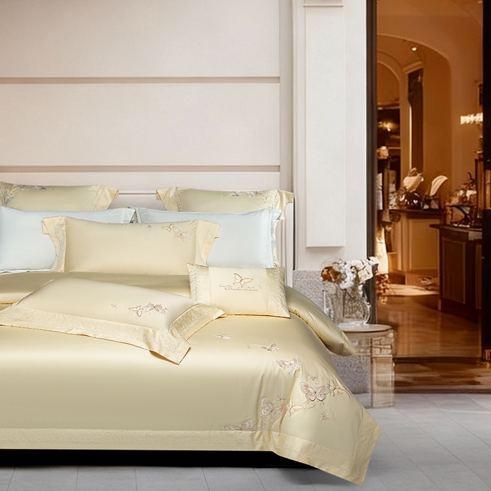 91家纺网 家纺一手货源 找家纺 诗黛尔 2026春夏新款全棉纯棉长绒棉刺绣四件套-蝶恋花 蝶恋花-奶昔黄