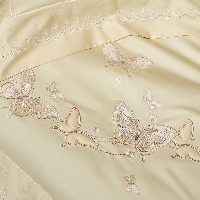 91家纺网 家纺一手货源 找家纺 诗黛尔 2026春夏新款全棉纯棉长绒棉刺绣四件套-蝶恋花 蝶恋花-奶昔黄