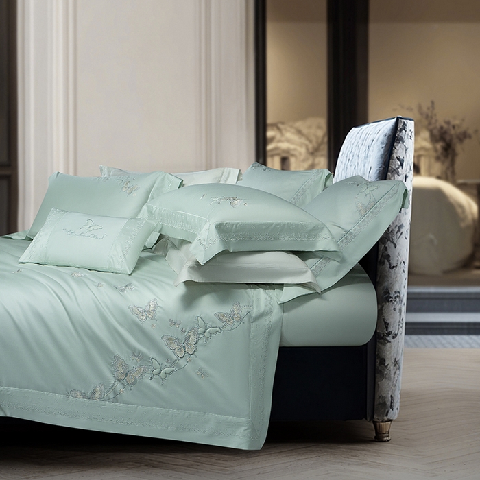 91家纺网 家纺一手货源 找家纺 诗黛尔 2026春夏新款全棉纯棉长绒棉刺绣四件套-蝶恋花 蝶恋花-清新绿