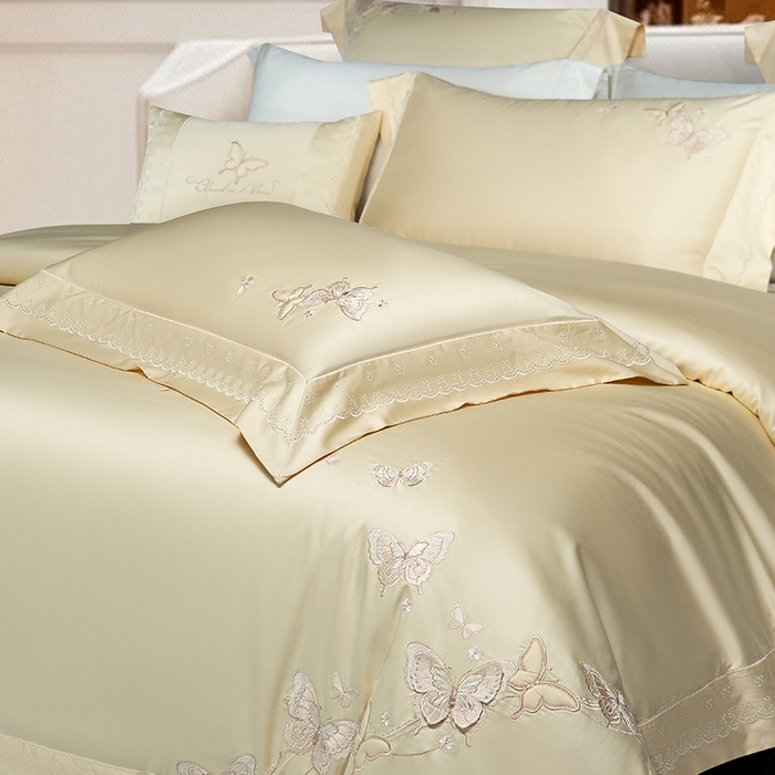 91家纺网 家纺一手货源 找家纺 诗黛尔 2026春夏新款全棉纯棉长绒棉刺绣四件套-蝶恋花 蝶恋花-奶昔黄