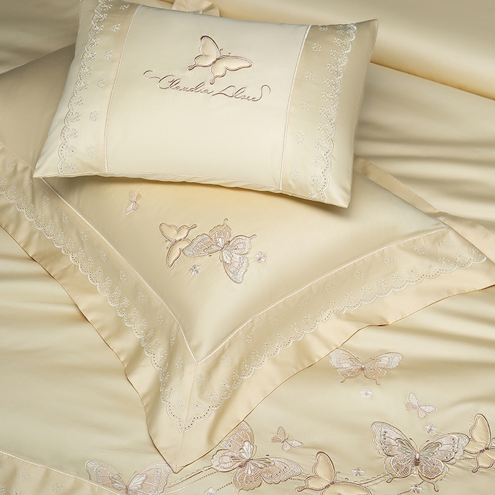 91家纺网 家纺一手货源 找家纺 诗黛尔 2026春夏新款全棉纯棉长绒棉刺绣四件套-蝶恋花 蝶恋花-奶昔黄