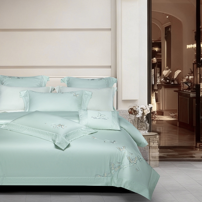 91家纺网 家纺一手货源 找家纺 诗黛尔 2026春夏新款全棉纯棉长绒棉刺绣四件套-蝶恋花 蝶恋花-清新绿