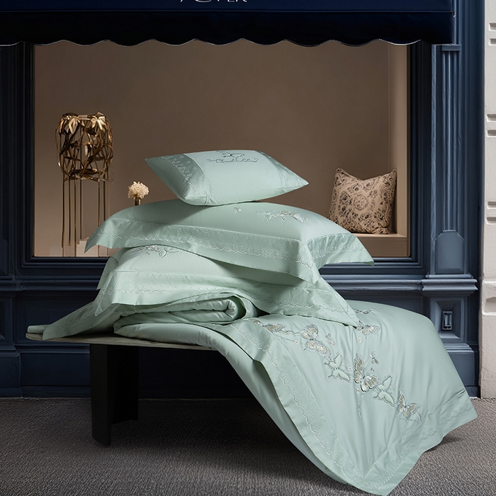 91家纺网 家纺一手货源 找家纺 诗黛尔 2026春夏新款全棉纯棉长绒棉刺绣四件套-蝶恋花 蝶恋花-清新绿