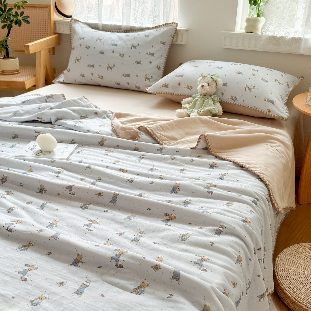 91家纺网 家纺一手货源 找家纺 雯雨家纺 2026新款全棉双层纱新疆棉花夏被空调被被子被芯 小熊礼物