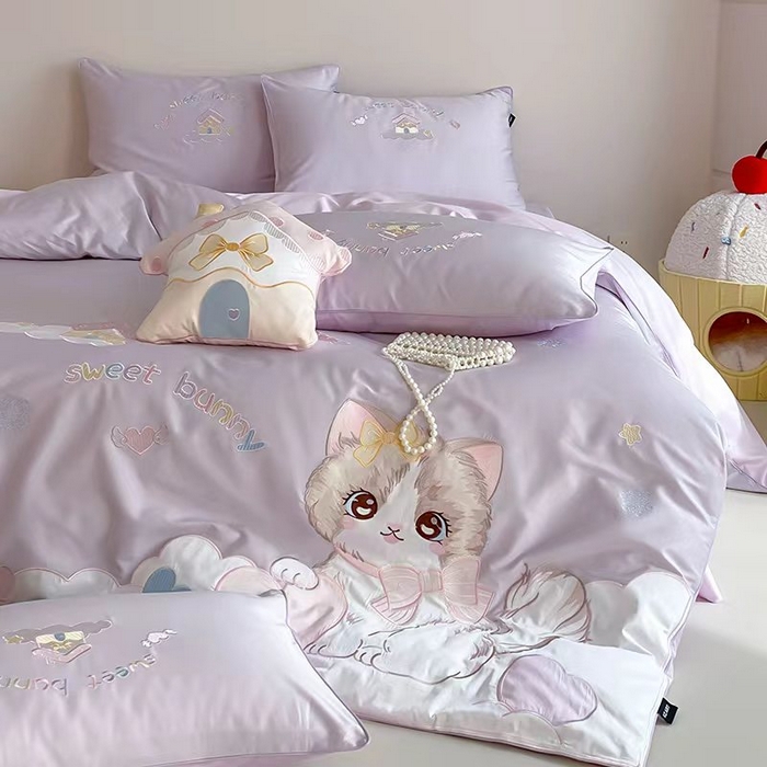 91家纺网 家纺一手货源 找家纺 （总）卡姿家纺 2026春夏全棉60支长绒棉软萌贴布绣四件套— 元气阿喵