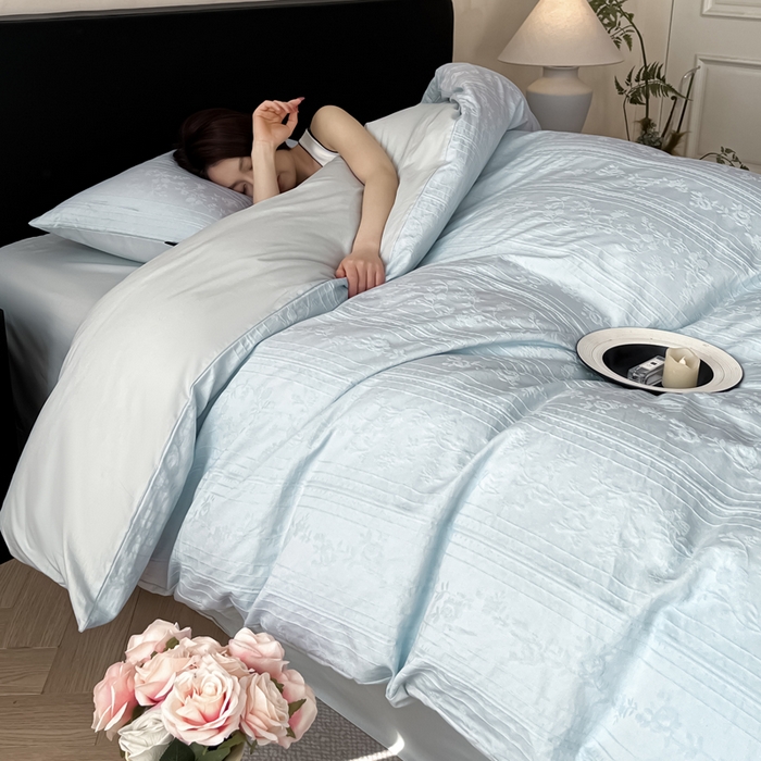 91家纺网 家纺一手货源 找家纺 卡姿家纺 2026春夏全棉高密厚织大提花轻奢四件套 沁香-湖绿