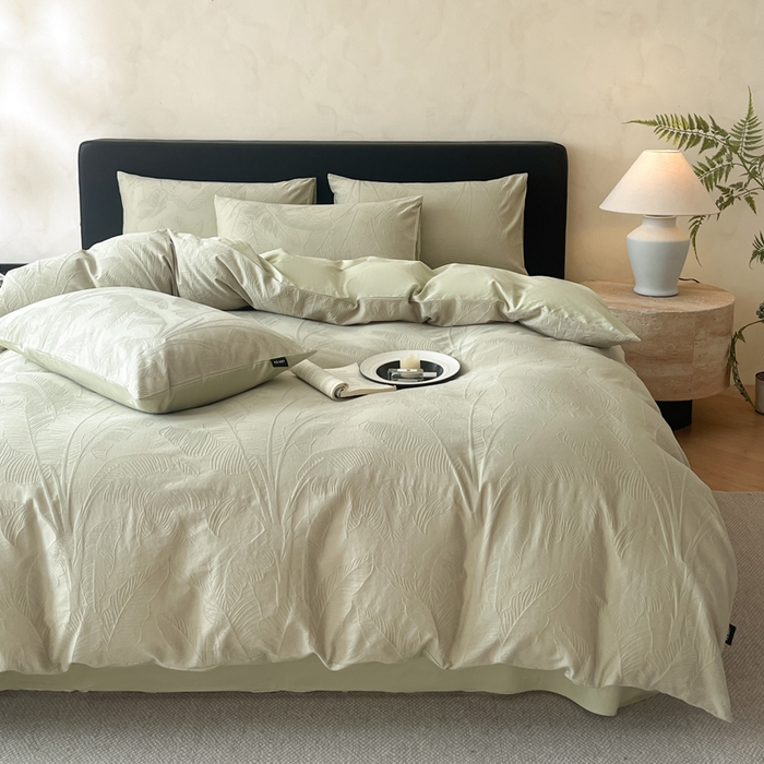 91家纺网 家纺一手货源 找家纺 卡姿家纺 2026春夏全棉高密厚织大提花轻奢四件套 焦野-奶绿