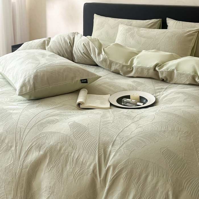 91家纺网 家纺一手货源 找家纺 卡姿家纺 2026春夏全棉高密厚织大提花轻奢四件套 焦野-奶绿