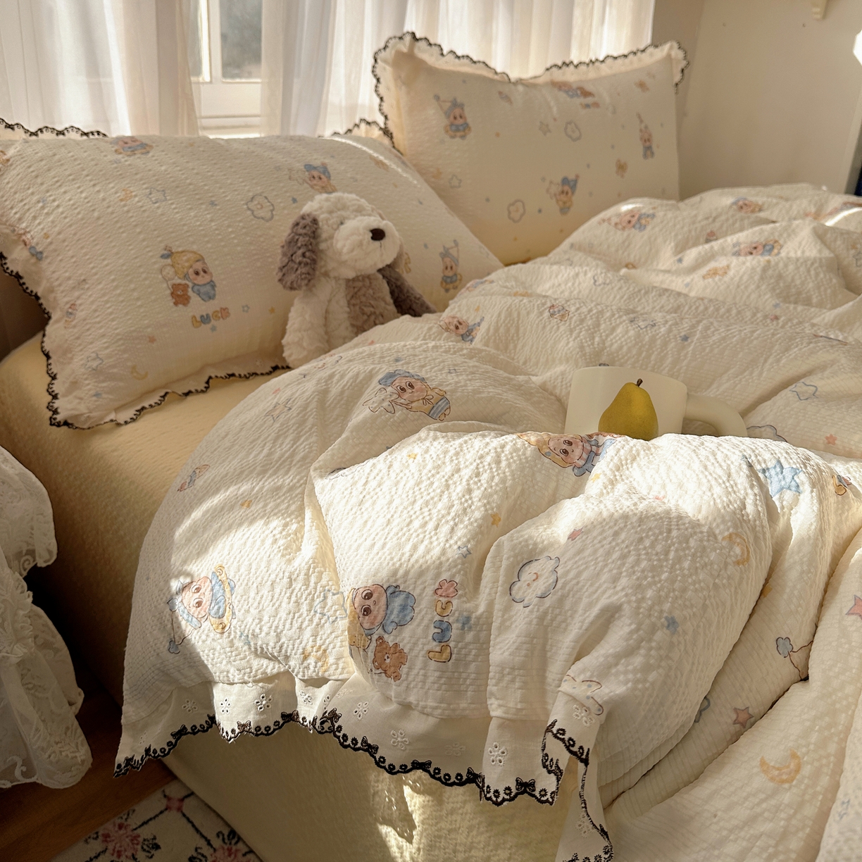 91家纺网 家纺一手货源 找家纺 凯洛奇 2026新款高品质A类泡芙纱甜栗花边套件系列一小红书推荐 星梦乐园