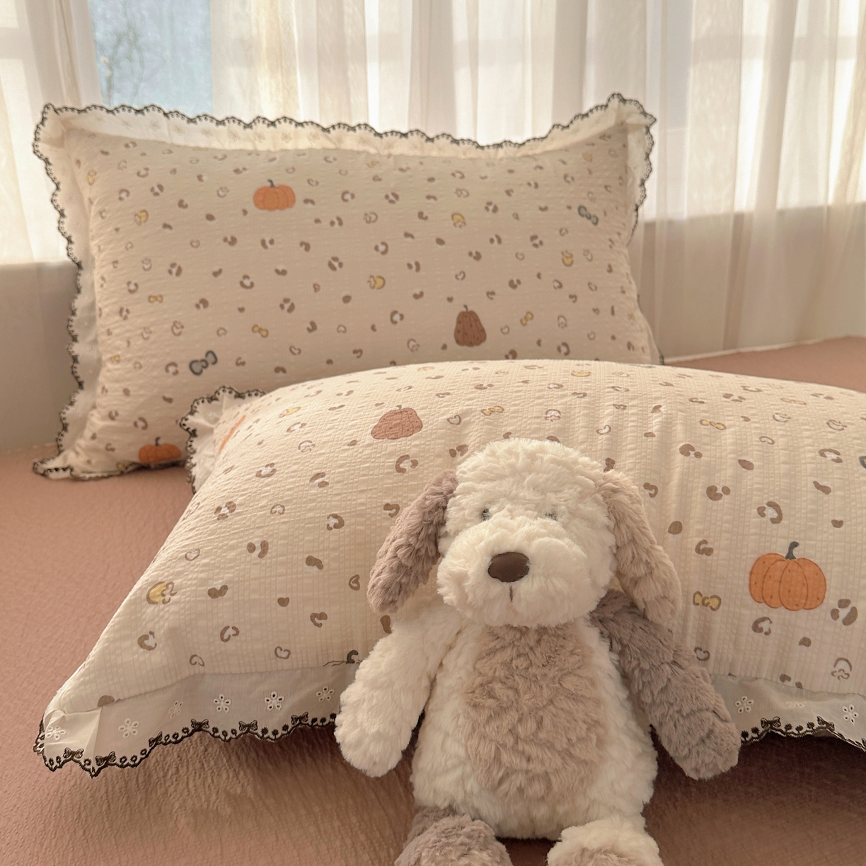 91家纺网 家纺一手货源 找家纺 凯洛奇 2026新款高品质A类泡芙纱甜栗花边套件系列一小红书推荐 软萌南瓜派