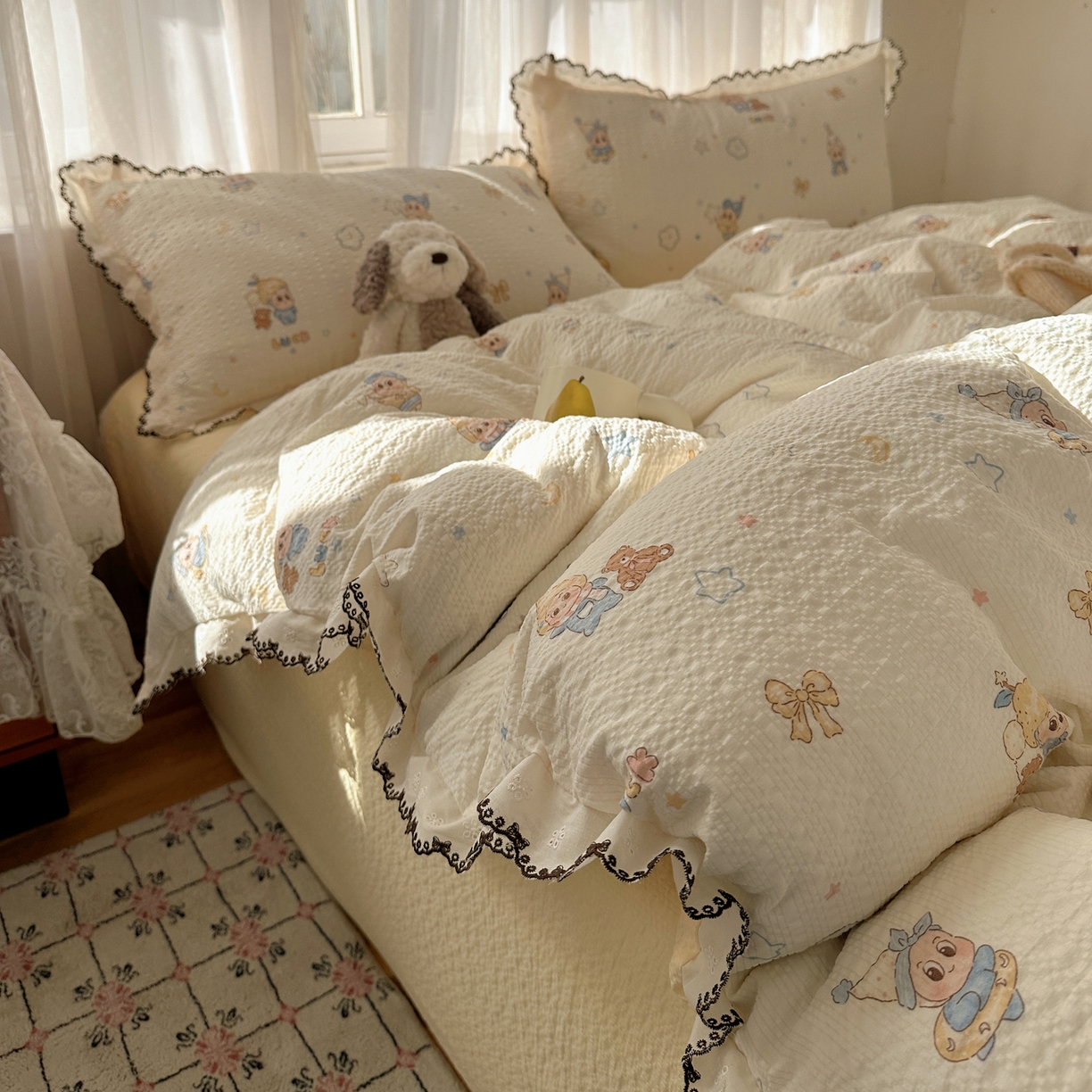 91家纺网 家纺一手货源 找家纺 凯洛奇 2026新款高品质A类泡芙纱甜栗花边套件系列一小红书推荐 星梦乐园