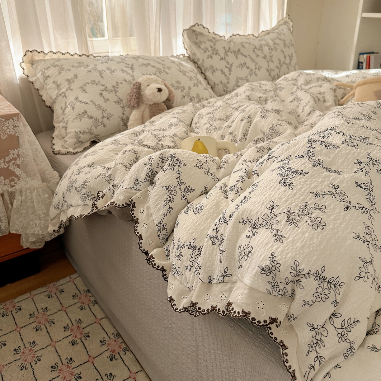 91家纺网 家纺一手货源 找家纺 凯洛奇 2026新款高品质A类泡芙纱甜栗花边套件系列一小红书推荐 奶芙枝蔓