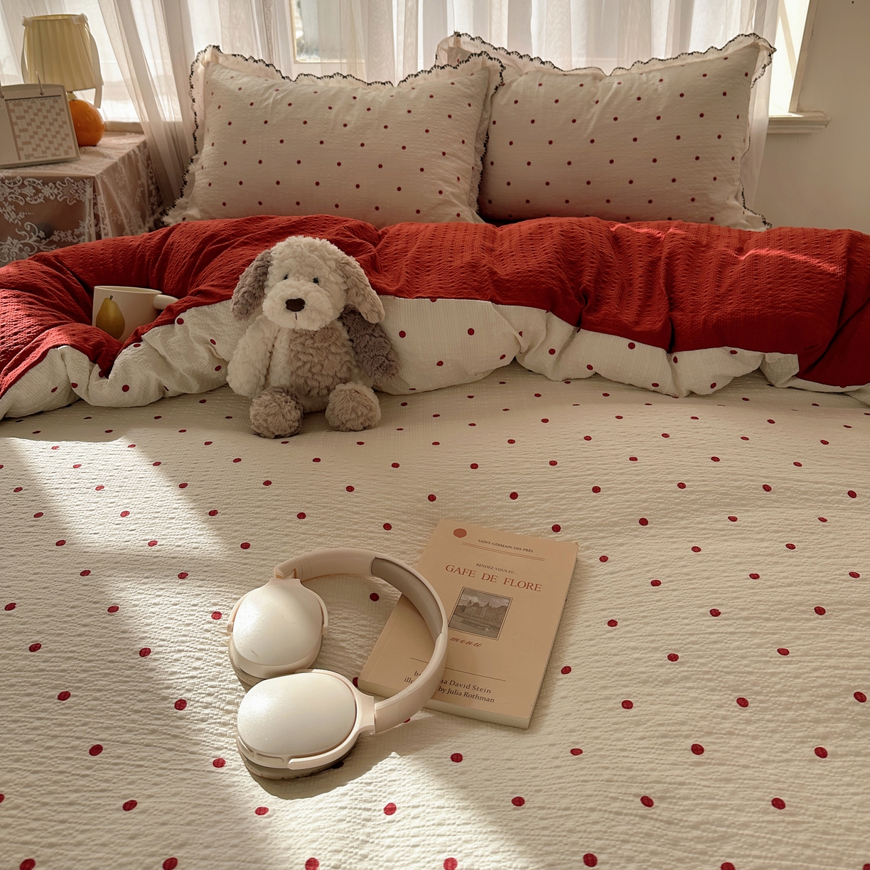 91家纺网 家纺一手货源 找家纺 凯洛奇 2026新款高品质A类泡芙纱甜栗花边套件系列一小红书推荐 波点情书