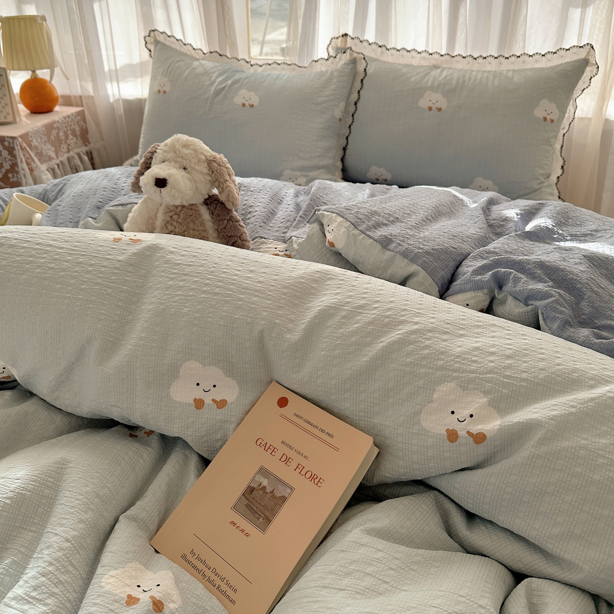 91家纺网 家纺一手货源 找家纺 凯洛奇 2026新款高品质A类泡芙纱甜栗花边套件系列一小红书推荐 云眠奶蓝