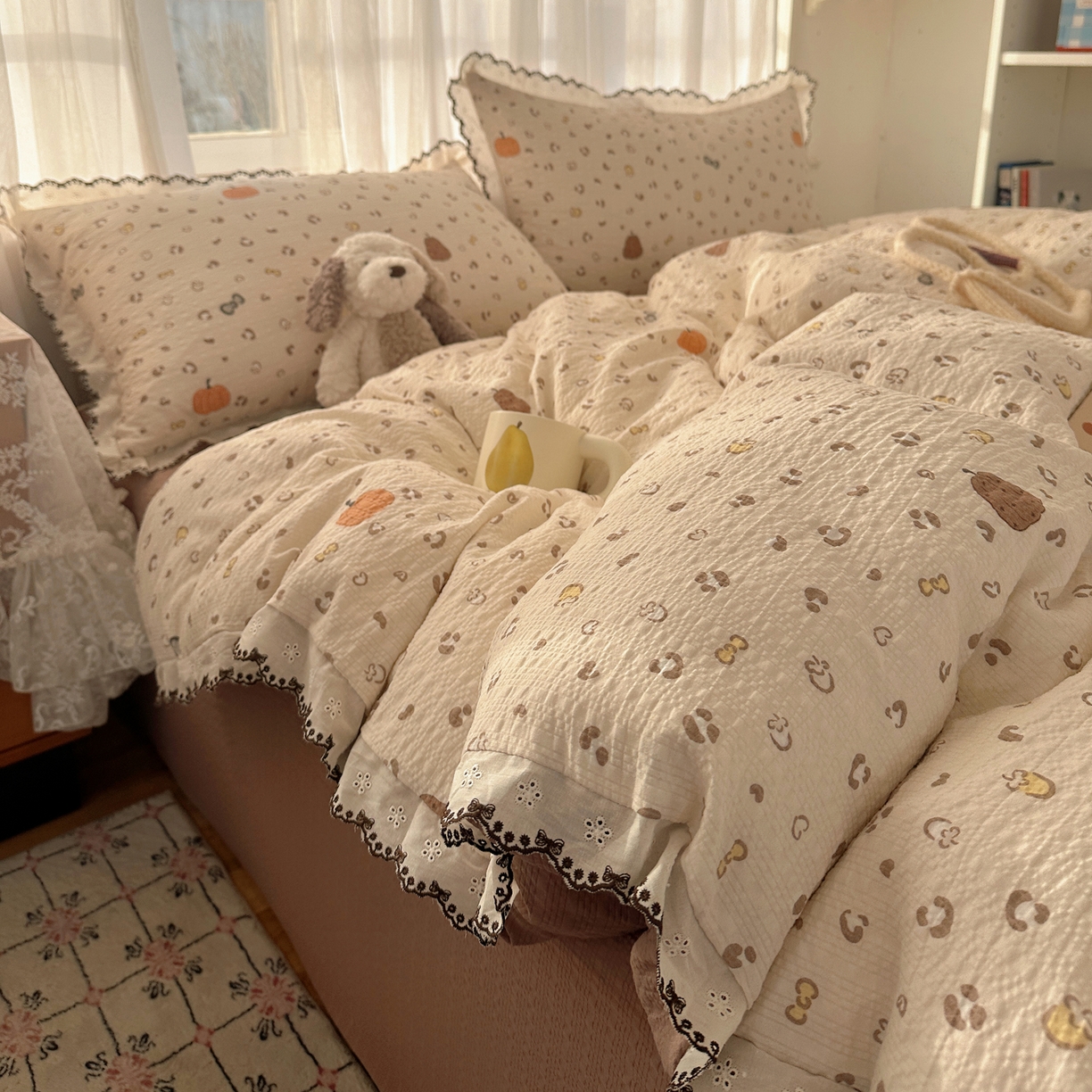 91家纺网 家纺一手货源 找家纺 凯洛奇 2026新款高品质A类泡芙纱甜栗花边套件系列一小红书推荐 软萌南瓜派