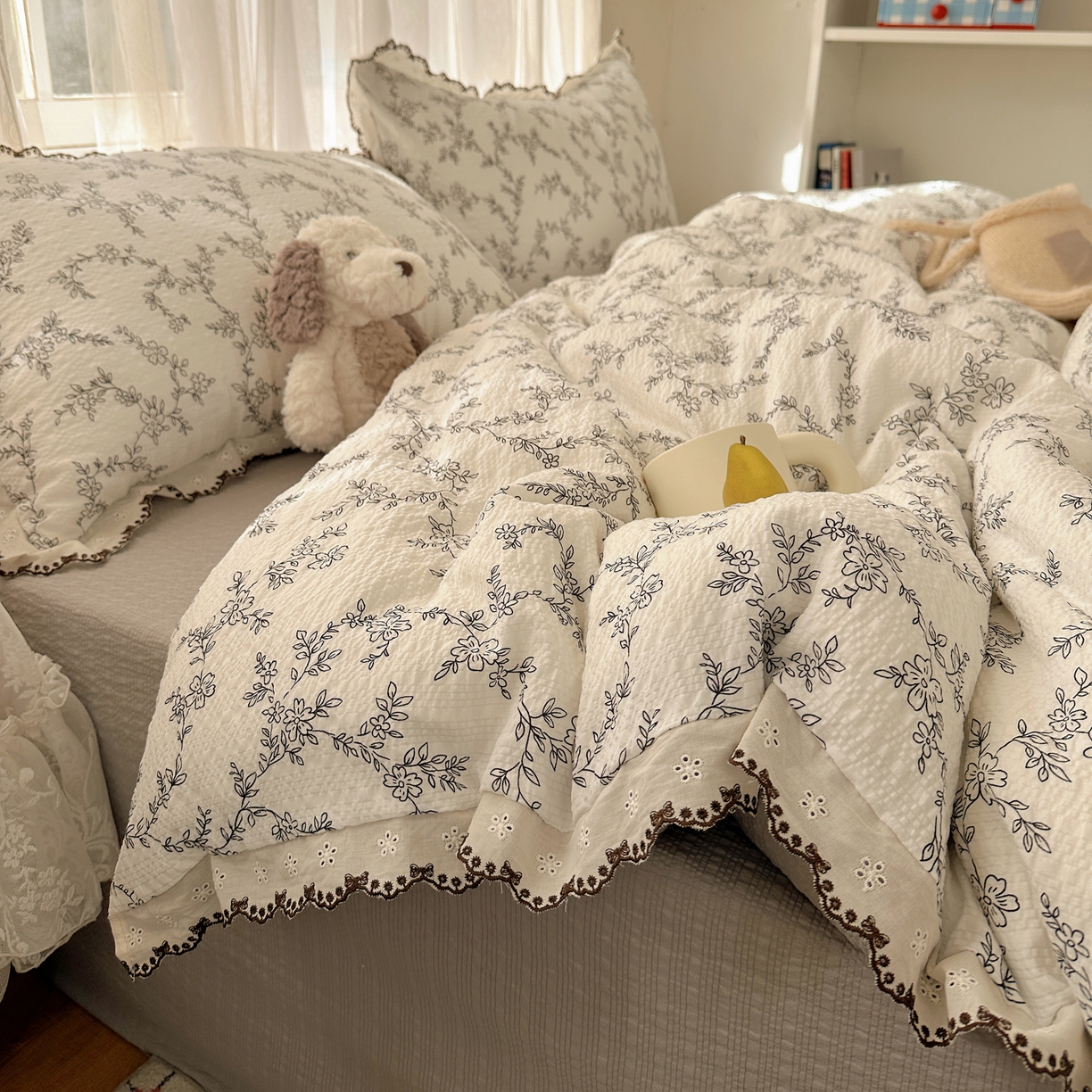 91家纺网 家纺一手货源 找家纺 凯洛奇 2026新款高品质A类泡芙纱甜栗花边套件系列一小红书推荐 奶芙枝蔓