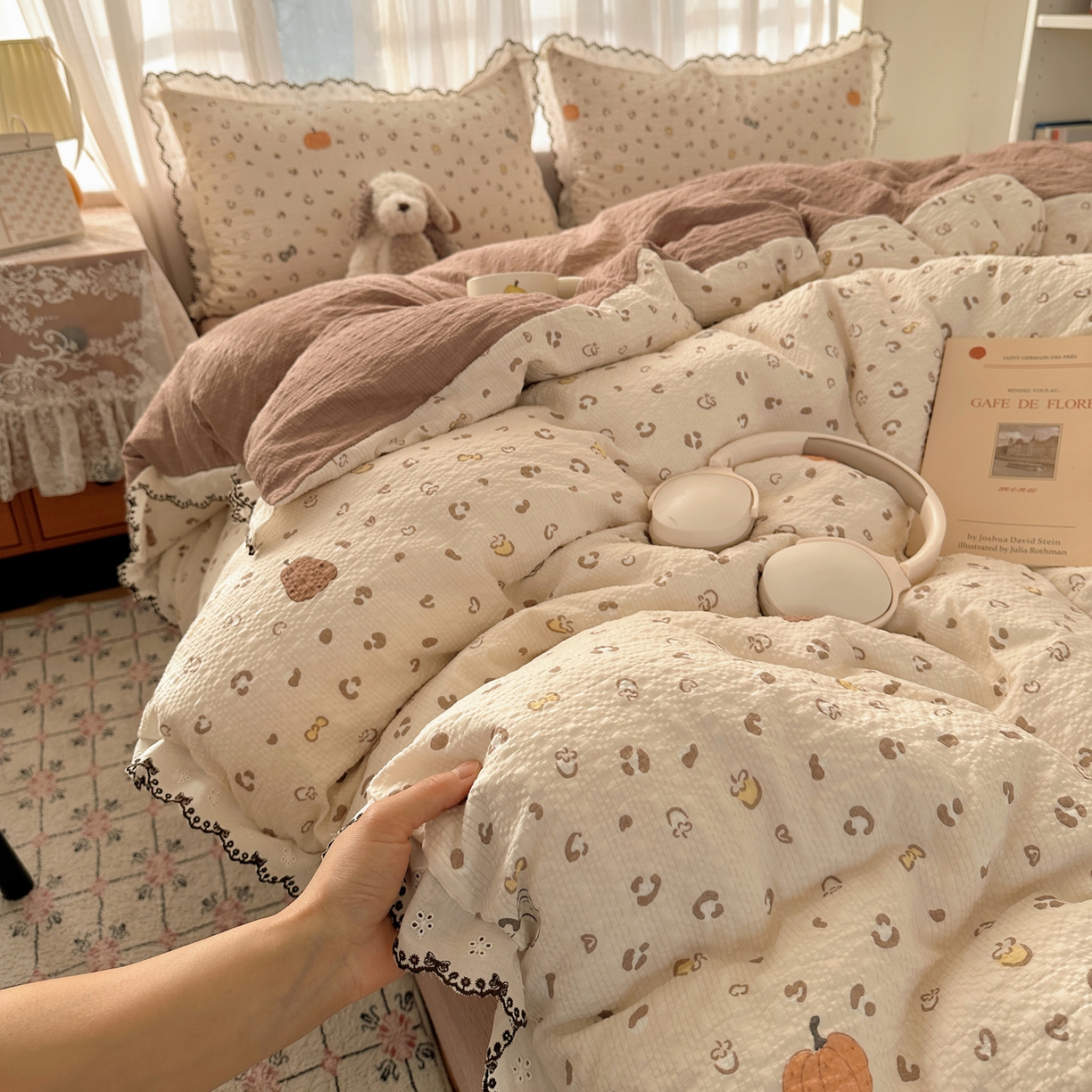 91家纺网 家纺一手货源 找家纺 凯洛奇 2026新款高品质A类泡芙纱甜栗花边套件系列一小红书推荐 软萌南瓜派