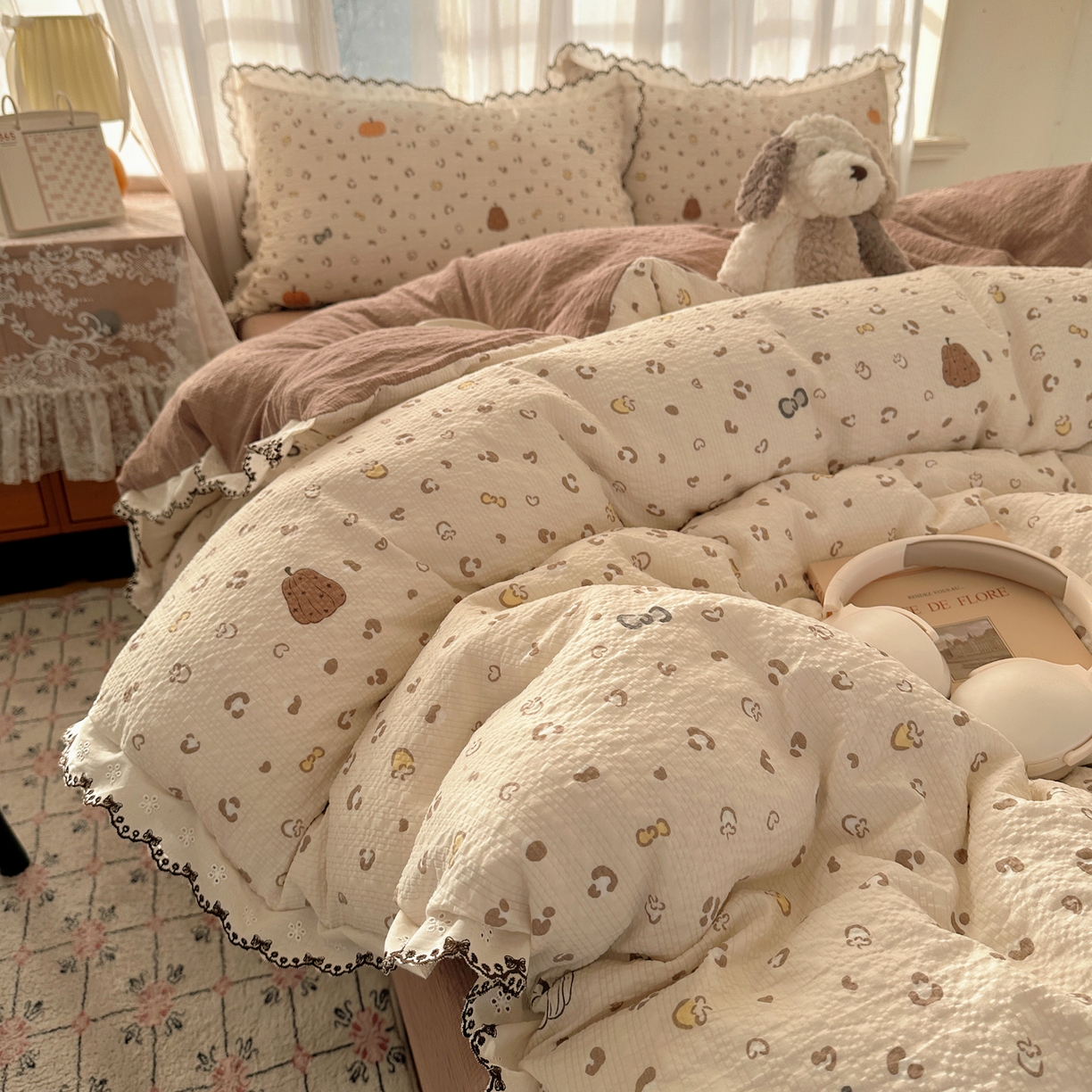 91家纺网 家纺一手货源 找家纺 凯洛奇 2026新款高品质A类泡芙纱甜栗花边套件系列一小红书推荐 软萌南瓜派