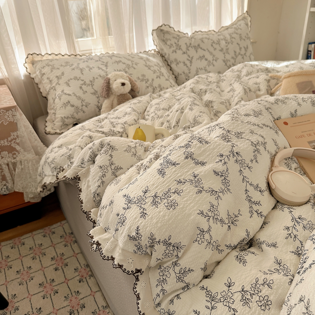 91家纺网 家纺一手货源 找家纺 凯洛奇 2026新款高品质A类泡芙纱甜栗花边套件系列一小红书推荐 奶芙枝蔓