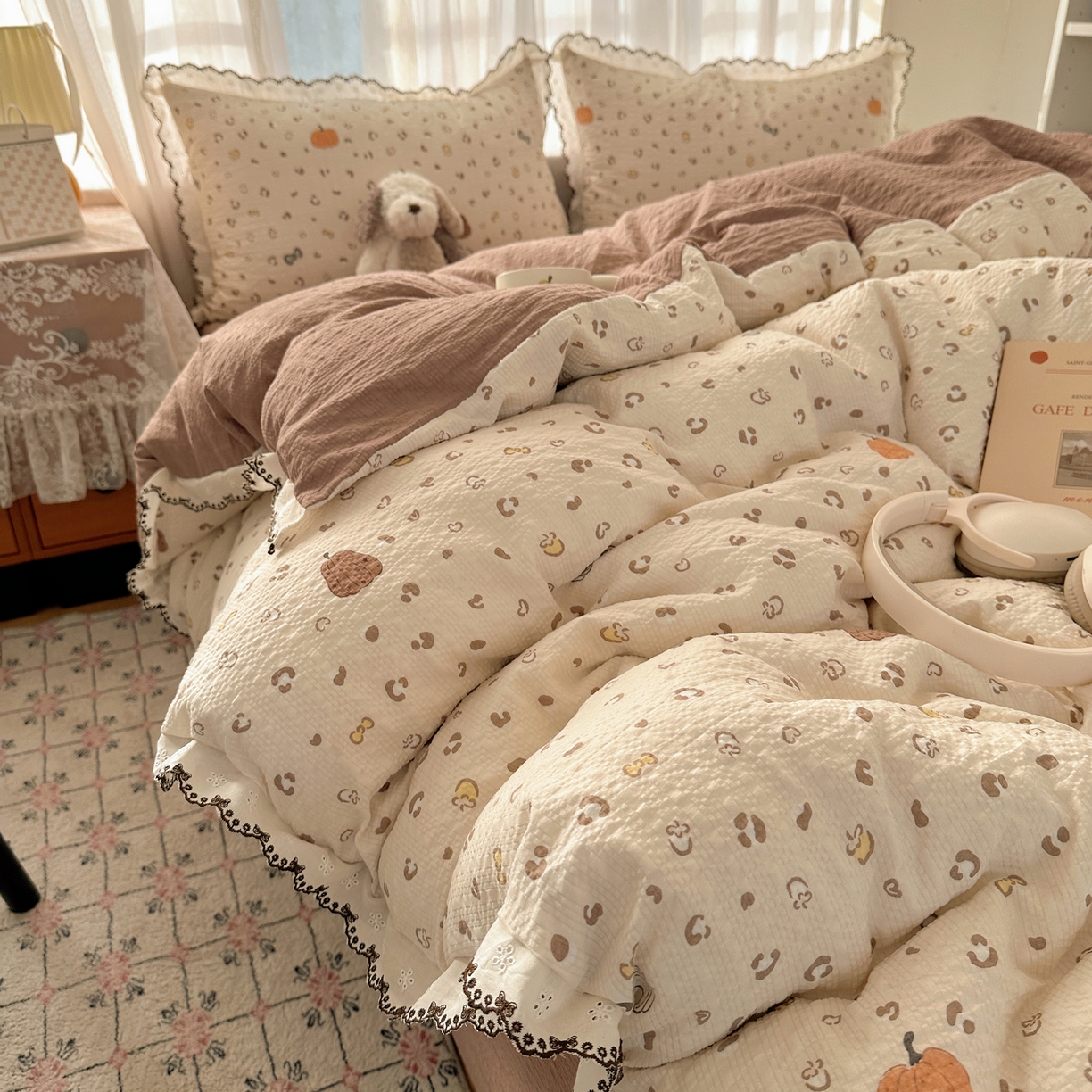 91家纺网 家纺一手货源 找家纺 凯洛奇 2026新款高品质A类泡芙纱甜栗花边套件系列一小红书推荐 软萌南瓜派