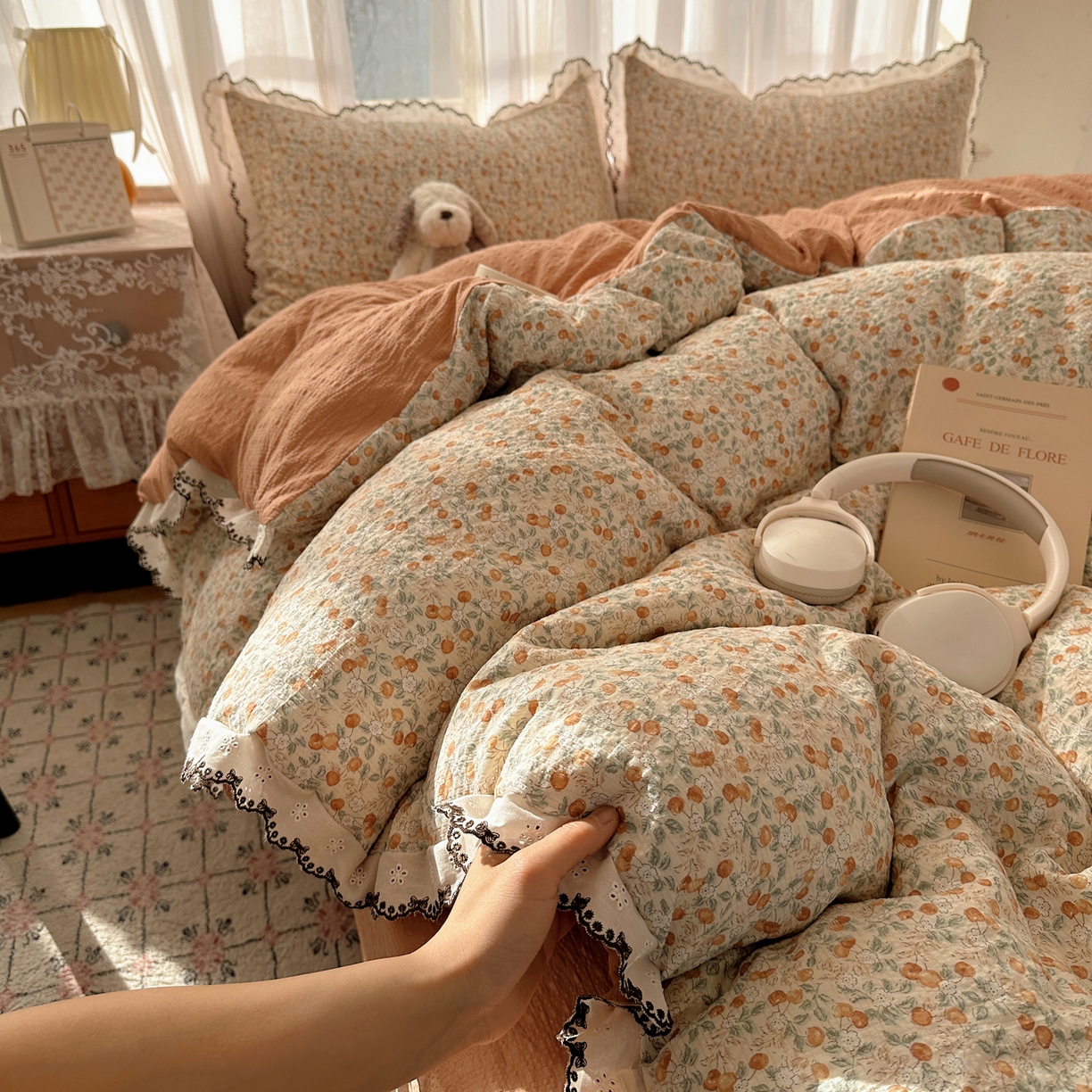 91家纺网 家纺一手货源 找家纺 凯洛奇 2026新款高品质A类泡芙纱甜栗花边套件系列一小红书推荐 蜜果小筑