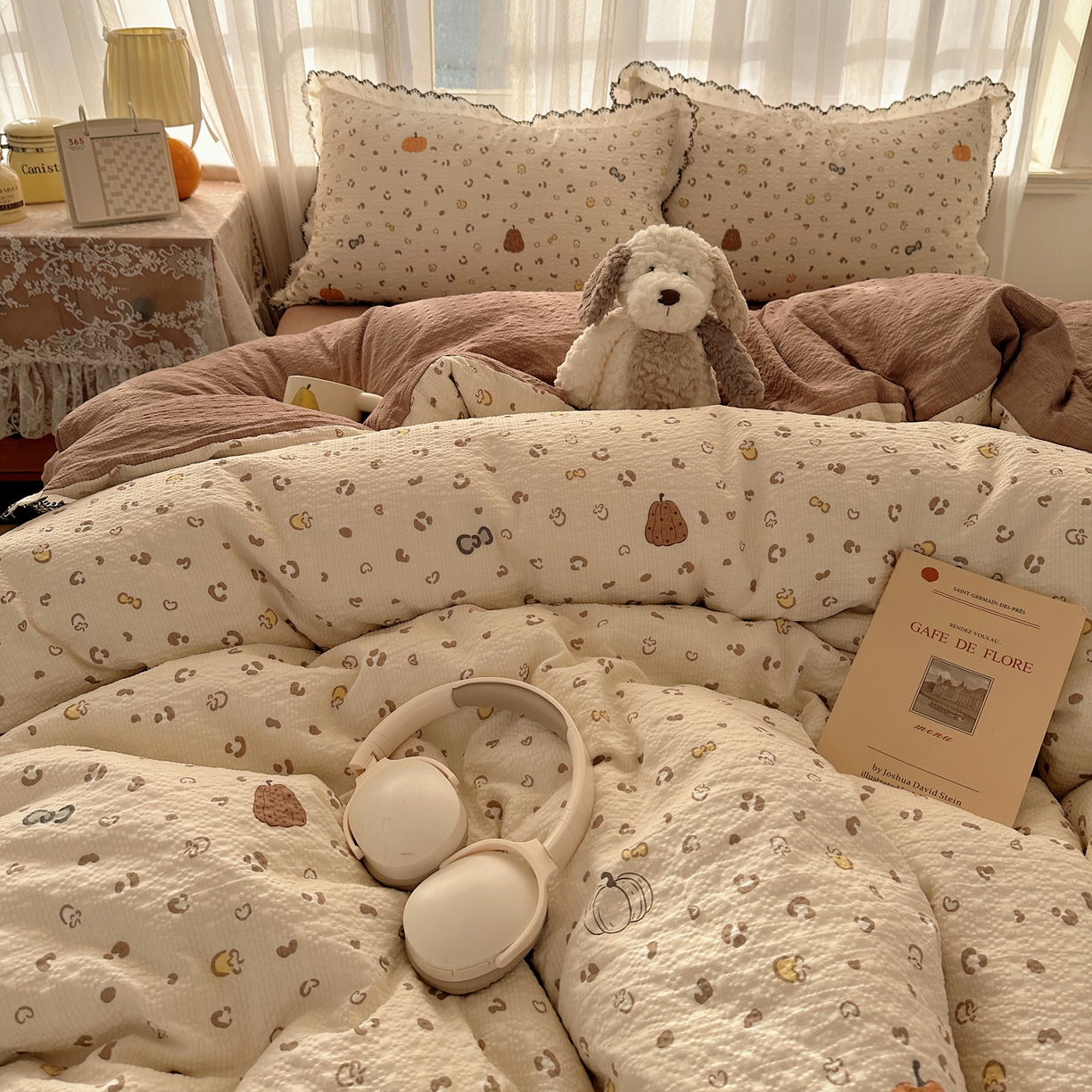 91家纺网 家纺一手货源 找家纺 凯洛奇 2026新款高品质A类泡芙纱甜栗花边套件系列一小红书推荐 软萌南瓜派