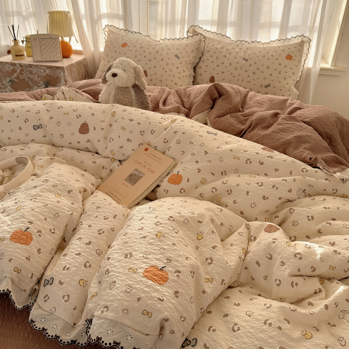 91家纺网 家纺一手货源 找家纺 凯洛奇 2026新款高品质A类泡芙纱甜栗花边套件系列一小红书推荐 软萌南瓜派