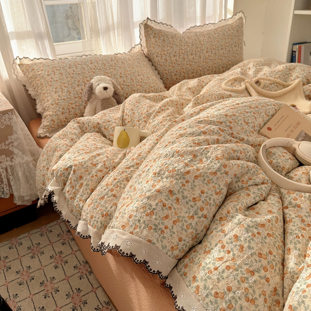 91家纺网 家纺一手货源 找家纺 凯洛奇 2026新款高品质A类泡芙纱甜栗花边套件系列一小红书推荐 蜜果小筑