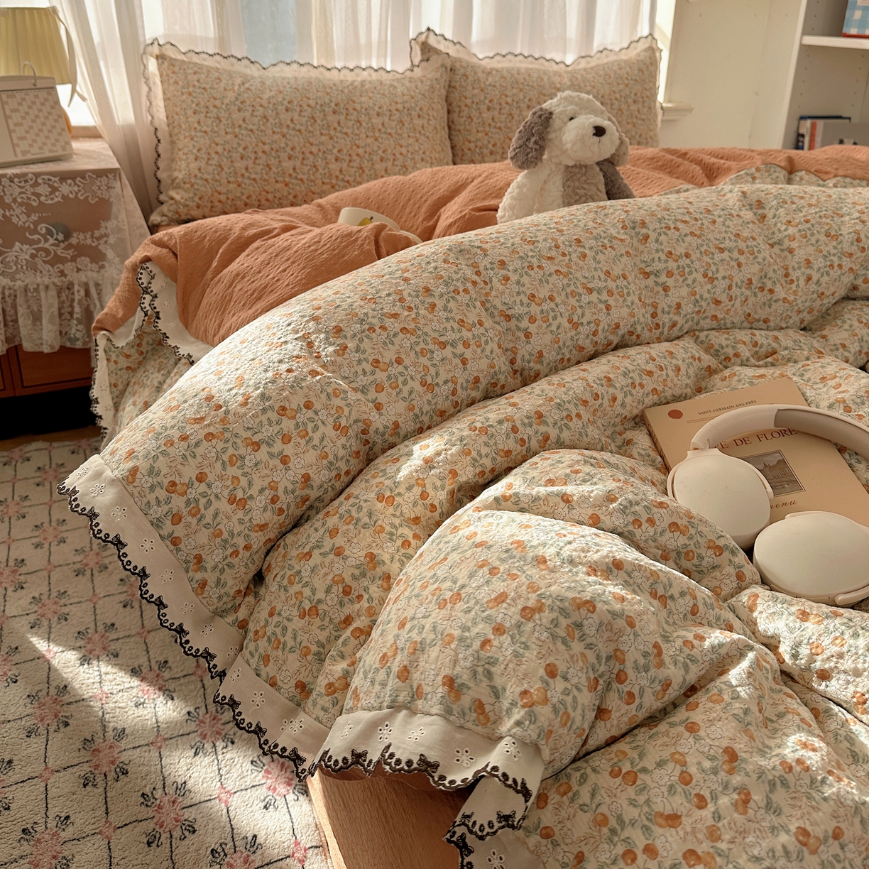 91家纺网 家纺一手货源 找家纺 凯洛奇 2026新款高品质A类泡芙纱甜栗花边套件系列一小红书推荐 蜜果小筑