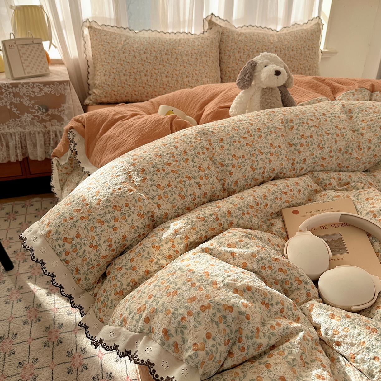 91家纺网 家纺一手货源 找家纺 凯洛奇 2026新款高品质A类泡芙纱甜栗花边套件系列一小红书推荐 蜜果小筑