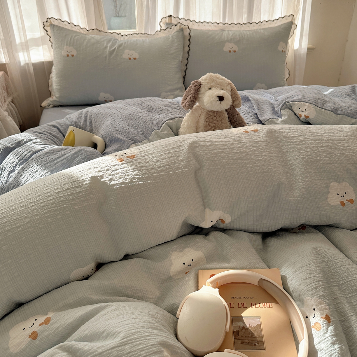 91家纺网 家纺一手货源 找家纺 凯洛奇 2026新款高品质A类泡芙纱甜栗花边套件系列一小红书推荐 云眠奶蓝