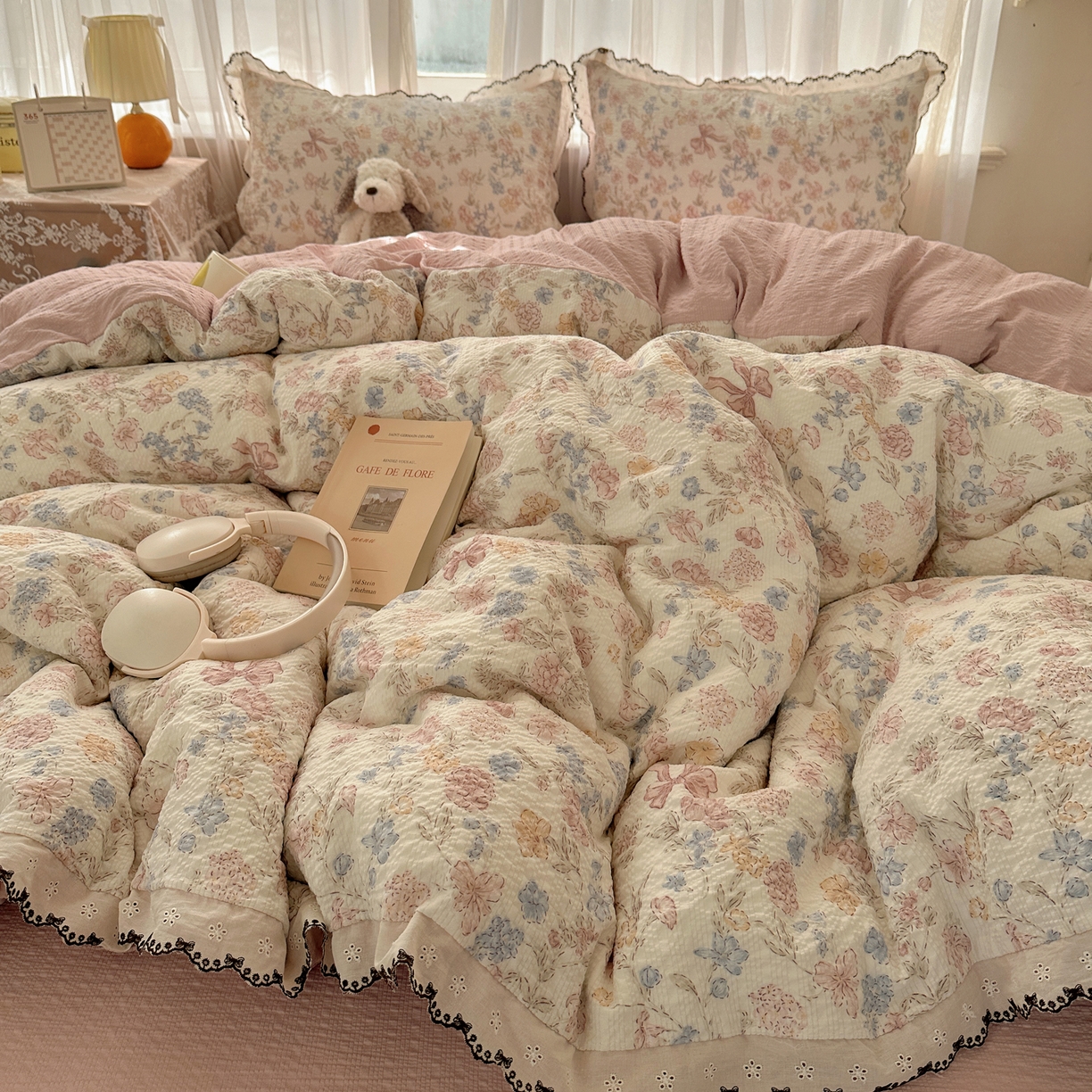 凯洛奇 2026新款高品质A类泡芙纱甜栗花边套件系列一小红书推荐 粉雾花境