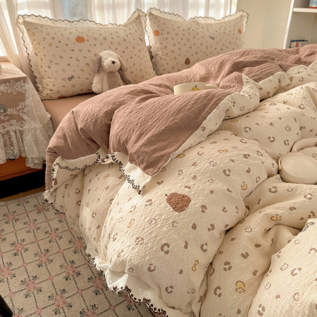 91家纺网 家纺一手货源 找家纺 凯洛奇 2026新款高品质A类泡芙纱甜栗花边套件系列一小红书推荐 软萌南瓜派