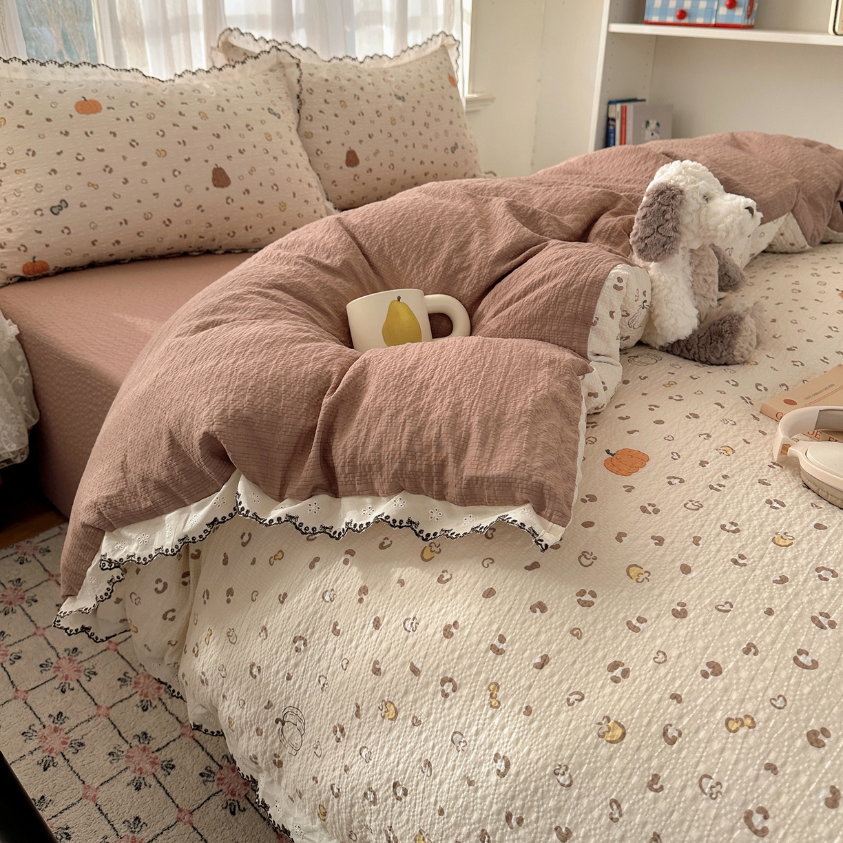 91家纺网 家纺一手货源 找家纺 凯洛奇 2026新款高品质A类泡芙纱甜栗花边套件系列一小红书推荐 软萌南瓜派