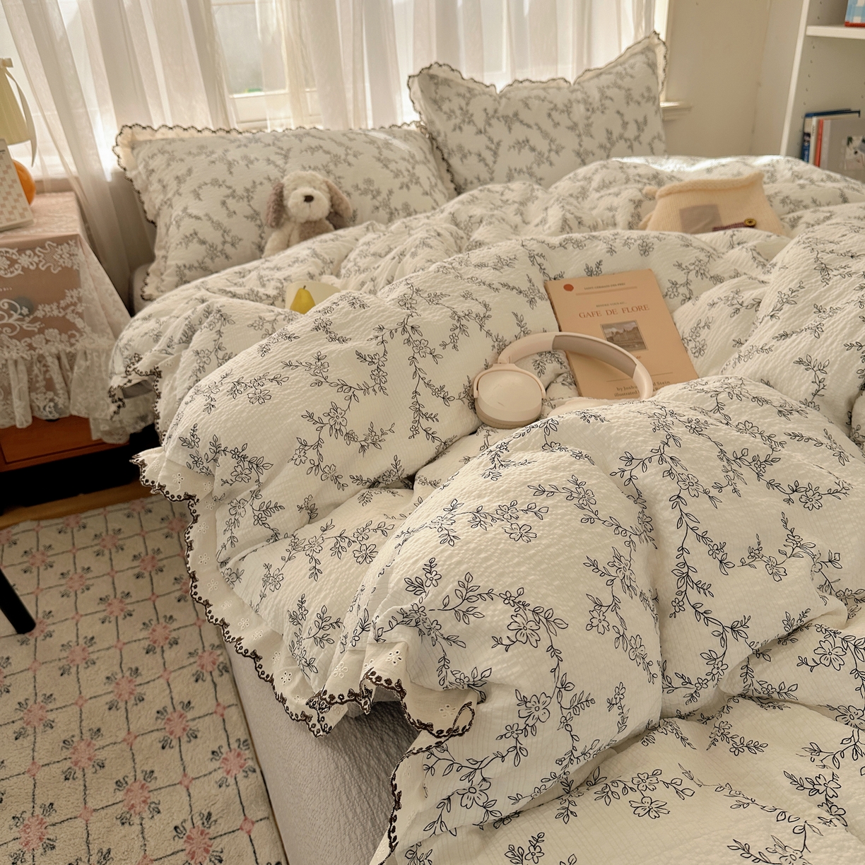 91家纺网 家纺一手货源 找家纺 凯洛奇 2026新款高品质A类泡芙纱甜栗花边套件系列一小红书推荐 奶芙枝蔓