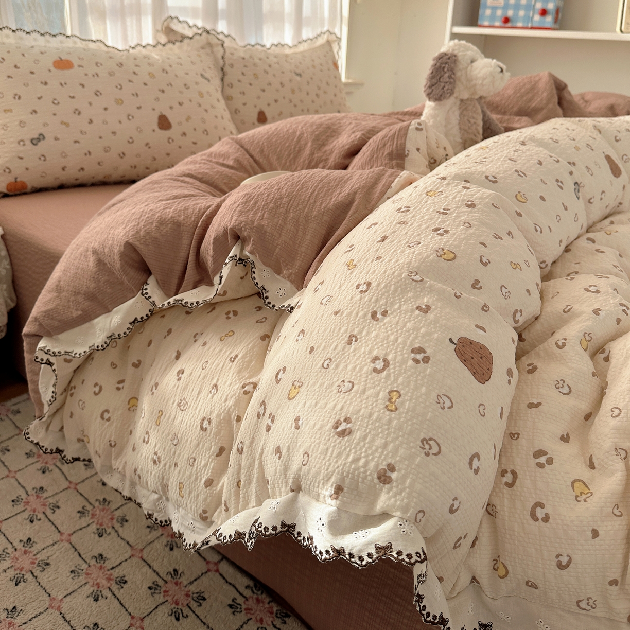 91家纺网 家纺一手货源 找家纺 凯洛奇 2026新款高品质A类泡芙纱甜栗花边套件系列一小红书推荐 软萌南瓜派