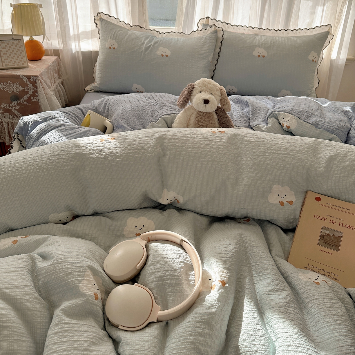 91家纺网 家纺一手货源 找家纺 凯洛奇 2026新款高品质A类泡芙纱甜栗花边套件系列一小红书推荐 云眠奶蓝