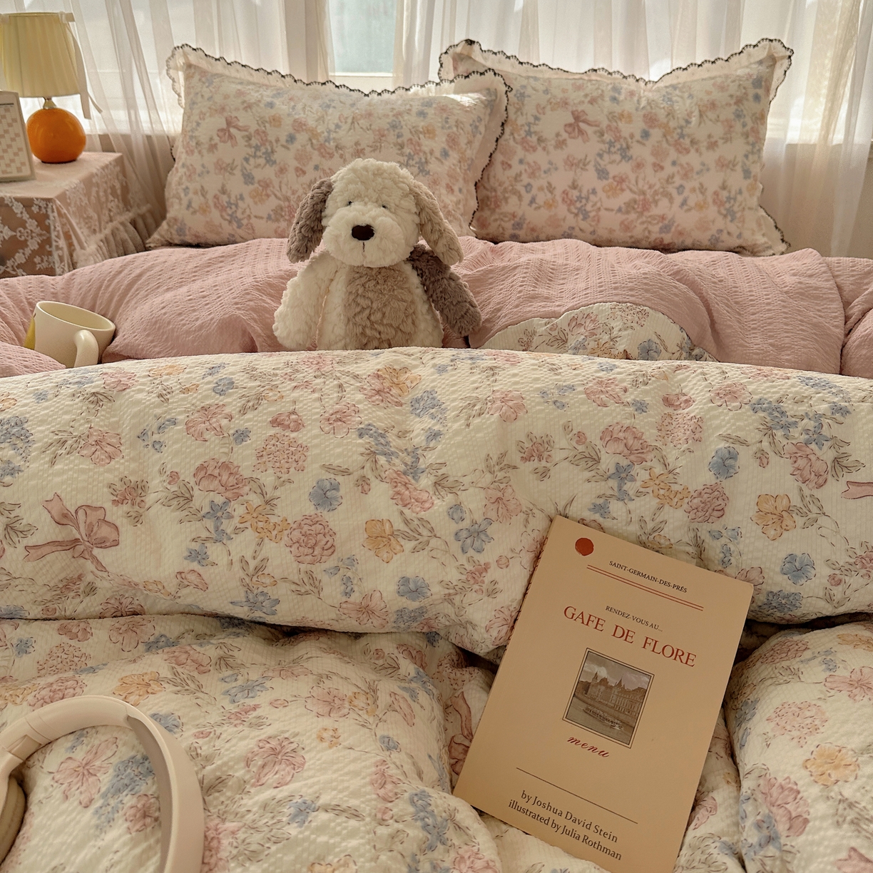 91家纺网 家纺一手货源 找家纺 凯洛奇 2026新款高品质A类泡芙纱甜栗花边套件系列一小红书推荐 粉雾花境