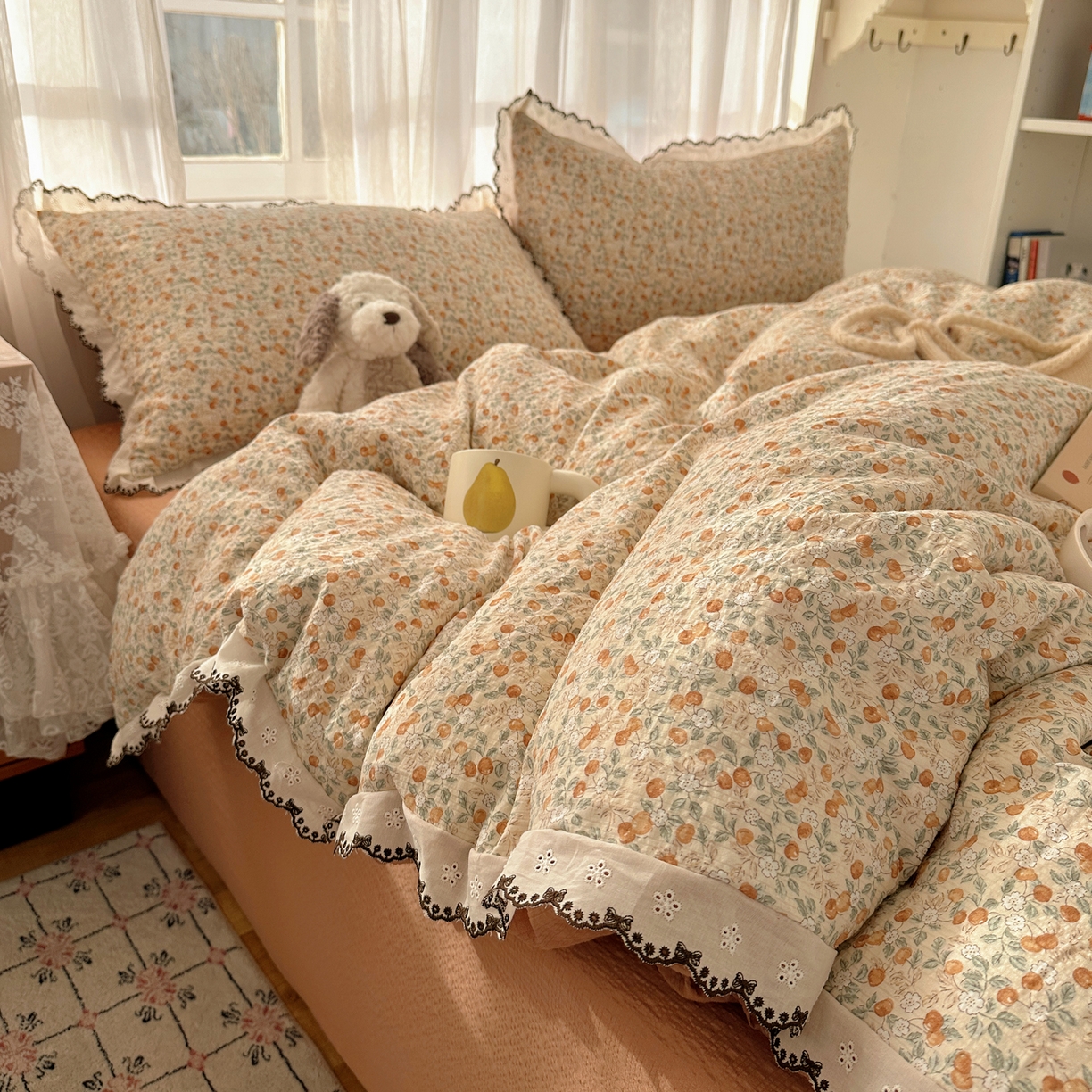 91家纺网 家纺一手货源 找家纺 凯洛奇 2026新款高品质A类泡芙纱甜栗花边套件系列一小红书推荐 蜜果小筑