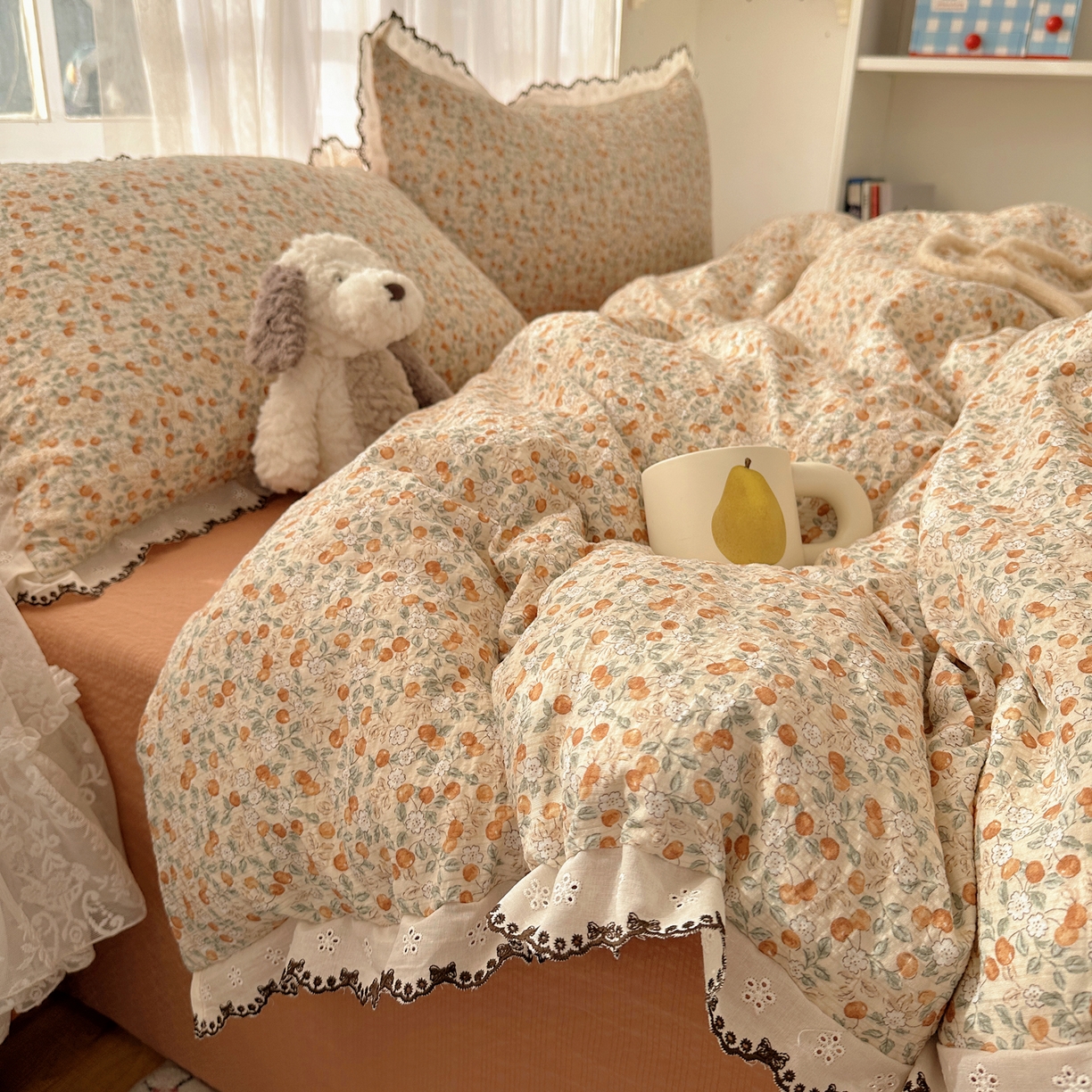 91家纺网 家纺一手货源 找家纺 凯洛奇 2026新款高品质A类泡芙纱甜栗花边套件系列一小红书推荐 蜜果小筑