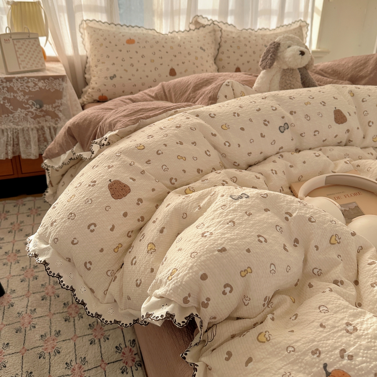 91家纺网 家纺一手货源 找家纺 凯洛奇 2026新款高品质A类泡芙纱甜栗花边套件系列一小红书推荐 软萌南瓜派